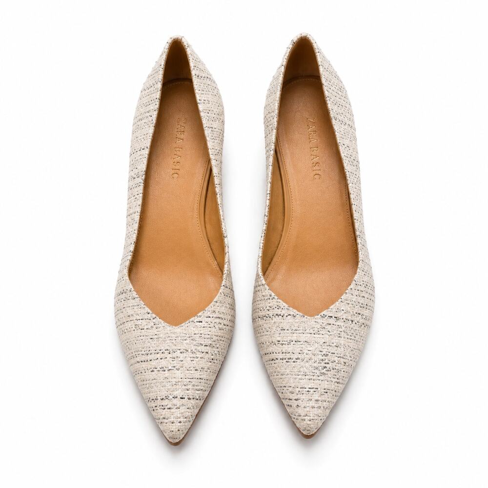 Talbots Women's Size 7 Textured Pointed Toe Pumps Ivory Tweed Kitten Heels